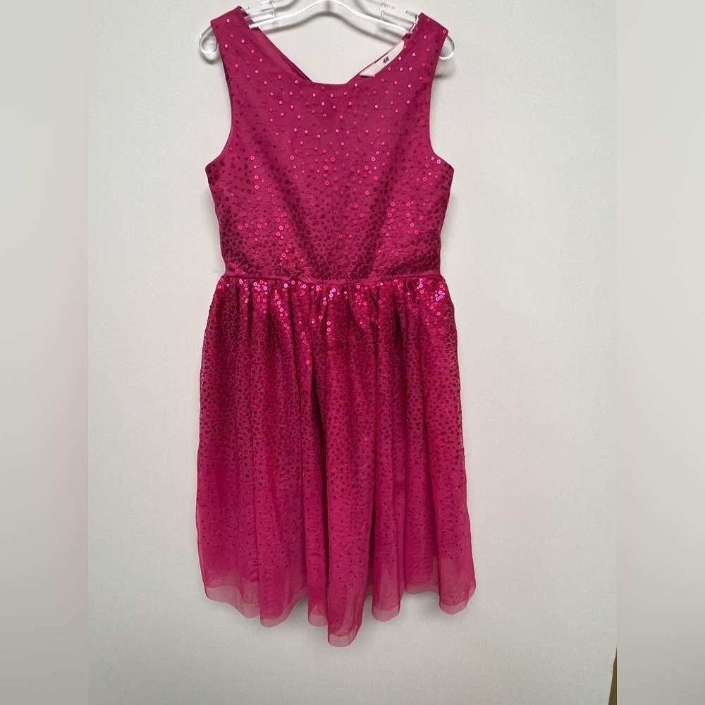 HOLIDAY H & M GIRLS FUSCHIA UNDERNEATH SKIRT SIZE 7 PARTY DRESS W/SEQUIN TULLE